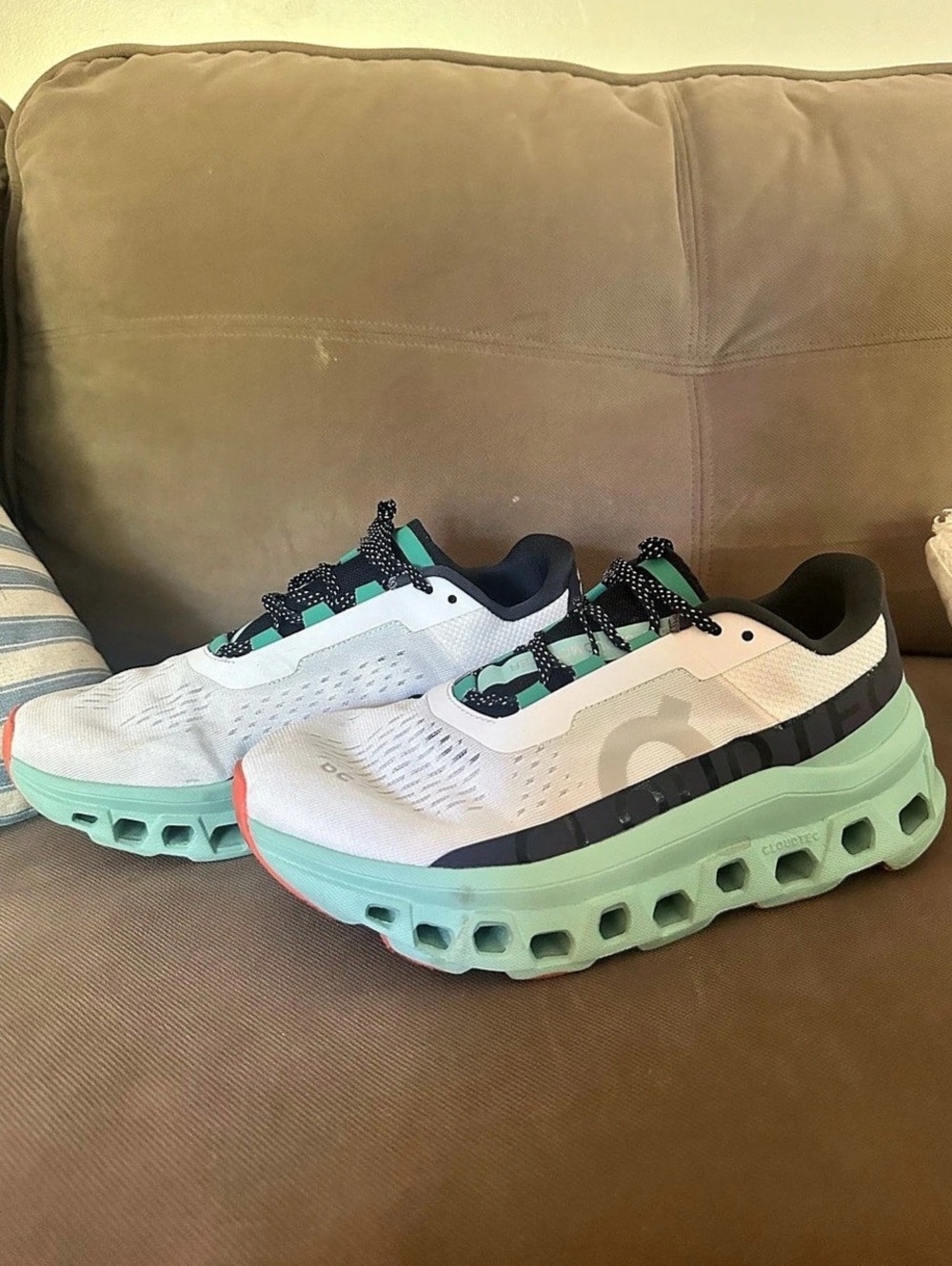 On Cloudmonster Women's Athletic Shoes White & Green US 8 Like New